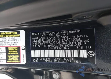 2022 Lexus Es 350 z USA, uszkodzony, nr VIN 58ADZ1B19NU113579